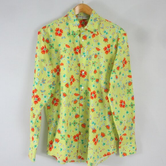 Fedeli Russo Capri Mens 56 Lime Green Blue Orange Floral LS Cotton Shirt Italy - Picture 1 of 13